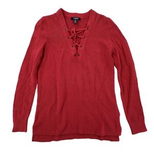 Chaps Sweater Womens Small Red Lace Up Knit Pullover Long Sleeve Lightweight New